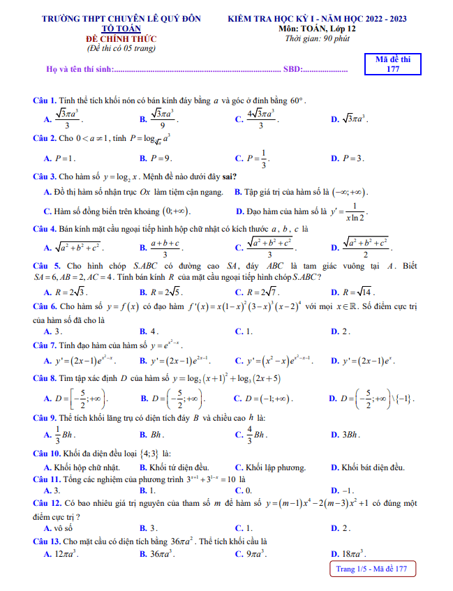 Đề học kỳ 1 Toán 12 năm 2022 – 2023 trường THPT chuyên Lê Quý Đôn – BR VT