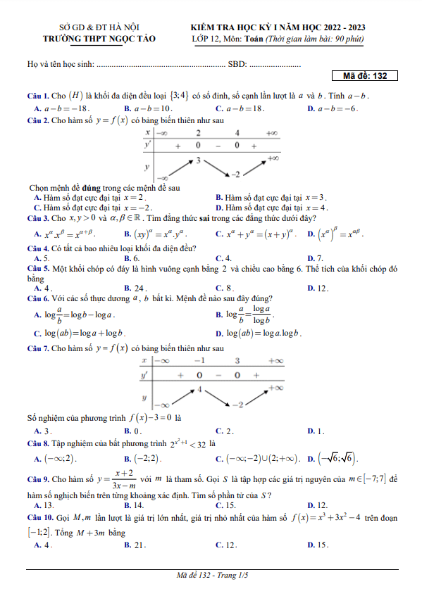 Đề học kỳ 1 Toán 12 năm 2022 – 2023 trường THPT Ngọc Tảo – Hà Nội