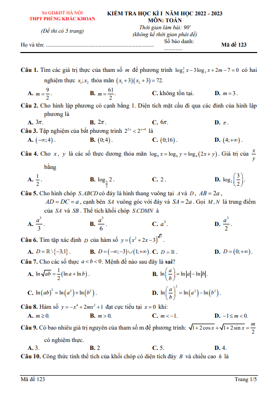 Đề học kỳ 1 Toán 12 năm 2022 – 2023 trường THPT Phùng Khắc Khoan – Hà Nội