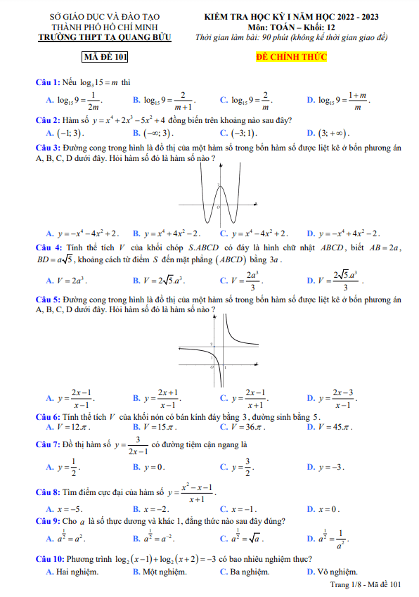 Đề học kỳ 1 Toán 12 năm 2022 – 2023 trường THPT Tạ Quang Bửu – TP HCM