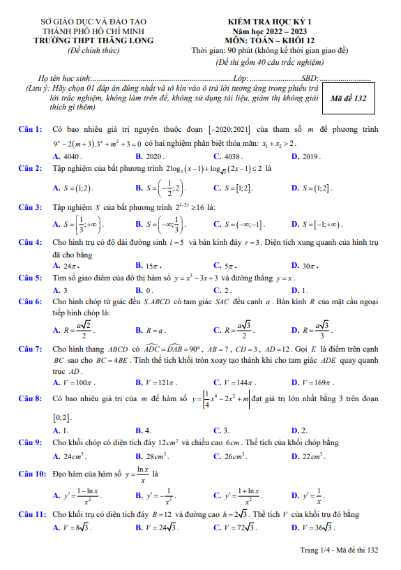 Đề học kỳ 1 Toán 12 năm 2022 – 2023 trường THPT Thăng Long – TP HCM