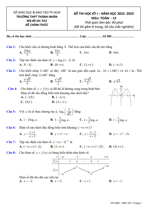Đề học kỳ 1 Toán 12 năm 2022 – 2023 trường THPT Thành Nhân – TP HCM