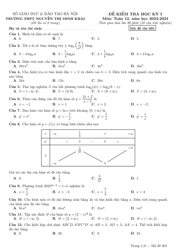 Đề học kỳ 1 Toán 12 năm 2023 – 2024 trường Nguyễn Thị Minh Khai – Hà Nội