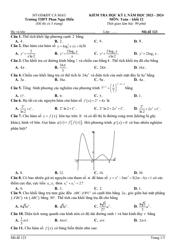 Đề học kỳ 1 Toán 12 năm 2023 – 2024 trường THPT Phan Ngọc Hiển – Cà Mau