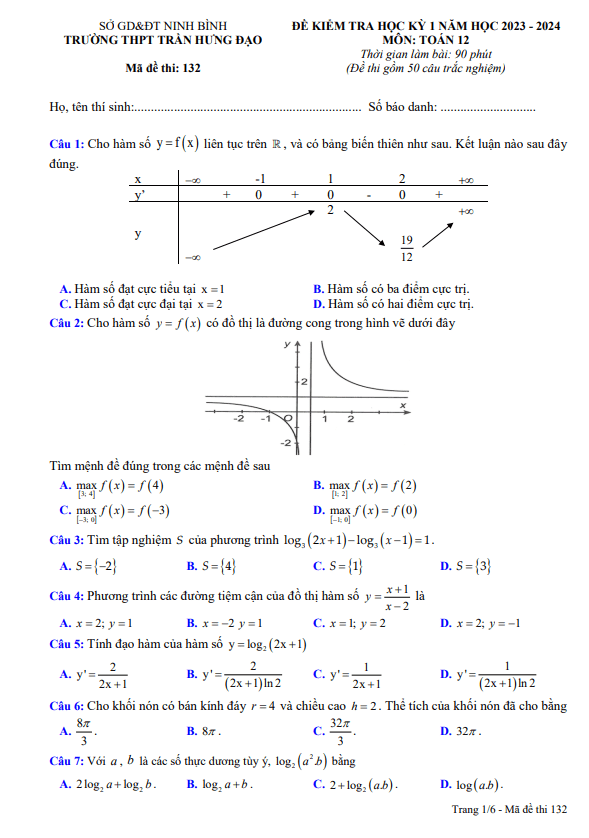 Đề học kỳ 1 Toán 12 năm 2023 – 2024 trường THPT Trần Hưng Đạo – Ninh Bình