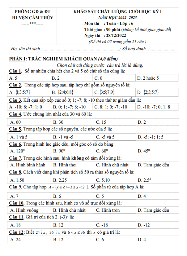 Đề học kỳ 1 Toán 6 năm 2022 – 2023 phòng GD&ĐT Cẩm Thủy – Thanh Hoá