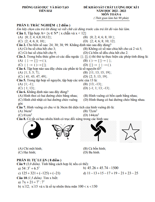 Đề học kỳ 1 Toán 6 năm 2022 – 2023 phòng GD&ĐT Tiền Hải – Thái Bình