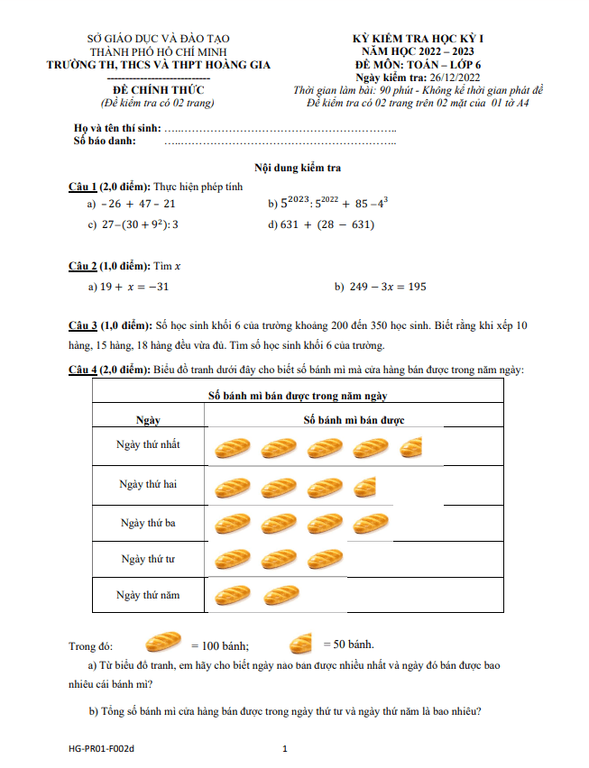 Đề học kỳ 1 Toán 6 năm 2022 – 2023 trường Hoàng Gia – TP HCM