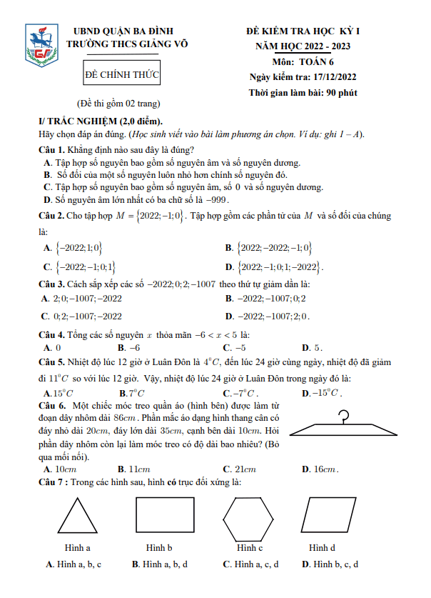 Đề học kỳ 1 Toán 6 năm 2022 – 2023 trường THCS Giảng Võ – Hà Nội