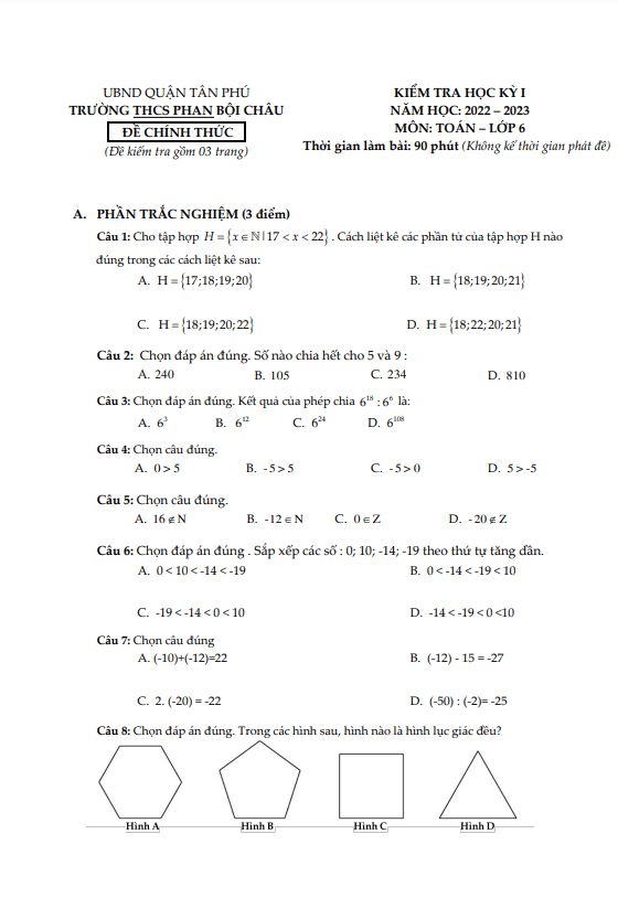Đề học kỳ 1 Toán 6 năm 2022 – 2023 trường THCS Phan Bội Châu – TP HCM