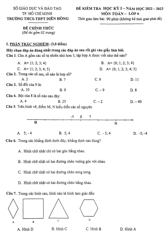 Đề học kỳ 1 Toán 6 năm 2022 – 2023 trường THCS – THPT Diên Hồng – TP HCM