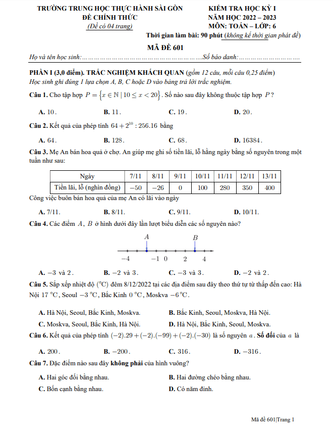 Đề học kỳ 1 Toán 6 năm 2022 – 2023 trường Thực hành Sài Gòn – TP HCM
