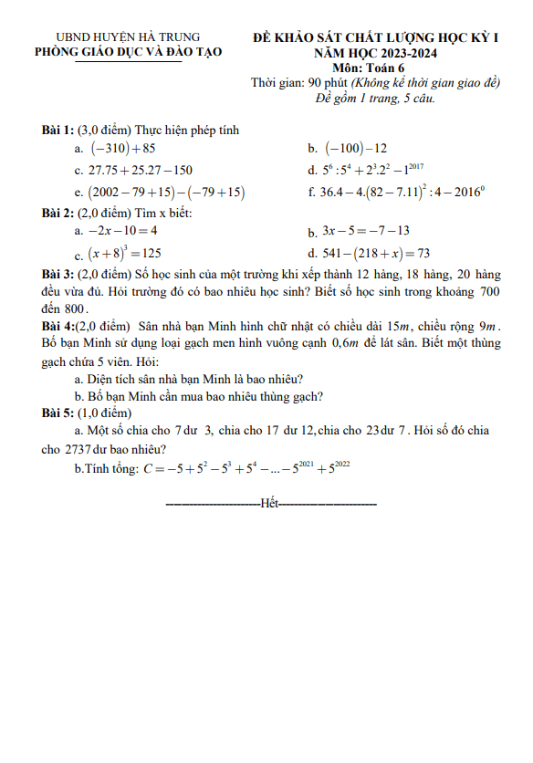 Đề học kỳ 1 Toán 6 năm 2023 – 2024 phòng GD&ĐT Hà Trung – Thanh Hóa