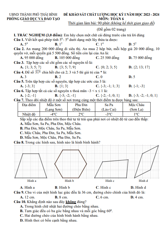 Đề học kỳ 1 Toán 6 năm 2023 – 2024 phòng GD&ĐT thành phố Thái Bình