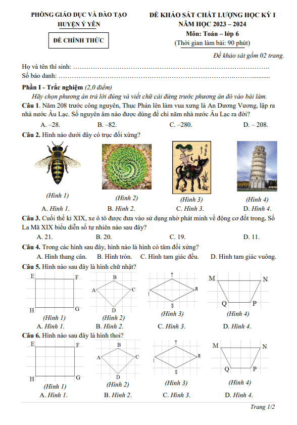 Đề học kỳ 1 Toán 6 năm 2023 – 2024 phòng GD&ĐT Ý Yên – Nam Định