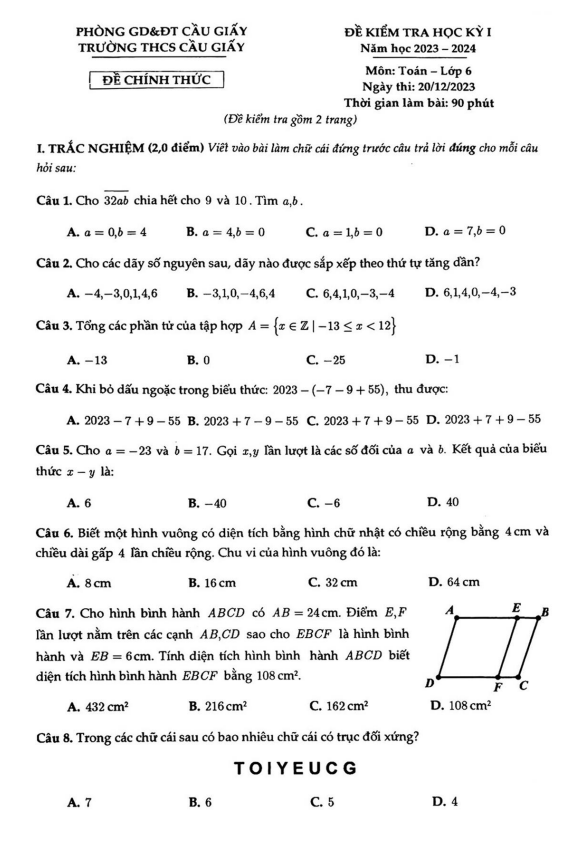 Đề học kỳ 1 Toán 6 năm 2023 – 2024 trường THCS Cầu Giấy – Hà Nội