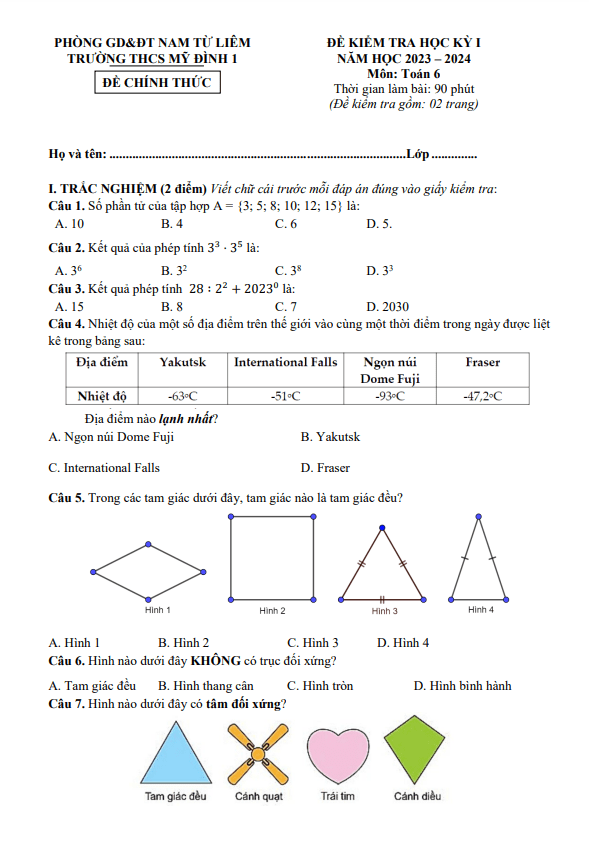 Đề học kỳ 1 Toán 6 năm 2023 – 2024 trường THCS Mỹ Đình 1 – Hà Nội