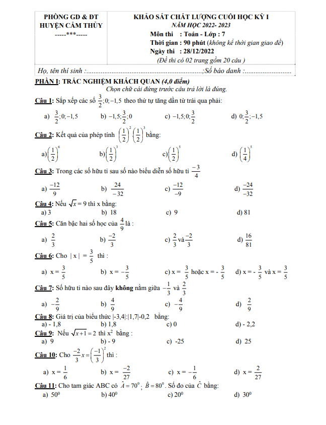 Đề học kỳ 1 Toán 7 năm 2022 – 2023 phòng GD&ĐT Cẩm Thủy – Thanh Hoá