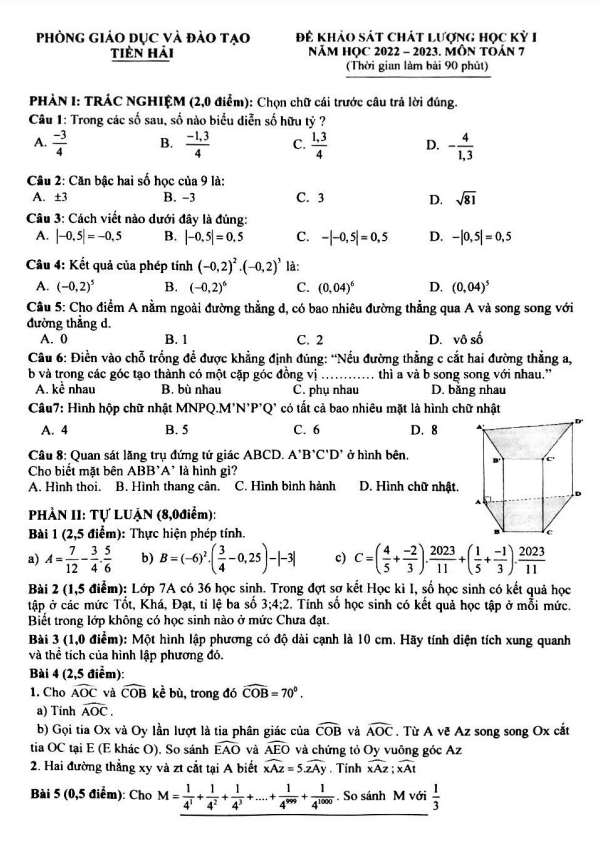 Đề học kỳ 1 Toán 7 năm 2022 – 2023 phòng GD&ĐT Tiền Hải – Thái Bình
