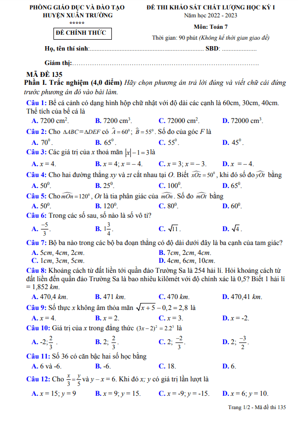Đề học kỳ 1 Toán 7 năm 2022 – 2023 phòng GD&ĐT Xuân Trường – Nam Định