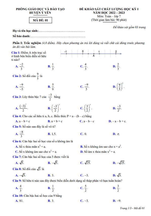 Đề học kỳ 1 Toán 7 năm 2022 – 2023 phòng GD&ĐT Ý Yên – Nam Định
