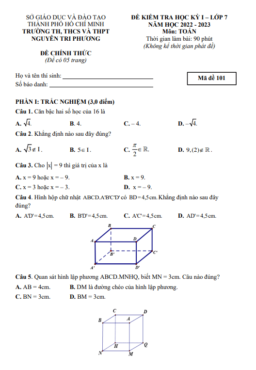 Đề học kỳ 1 Toán 7 năm 2022 – 2023 trường Nguyễn Tri Phương – TP HCM