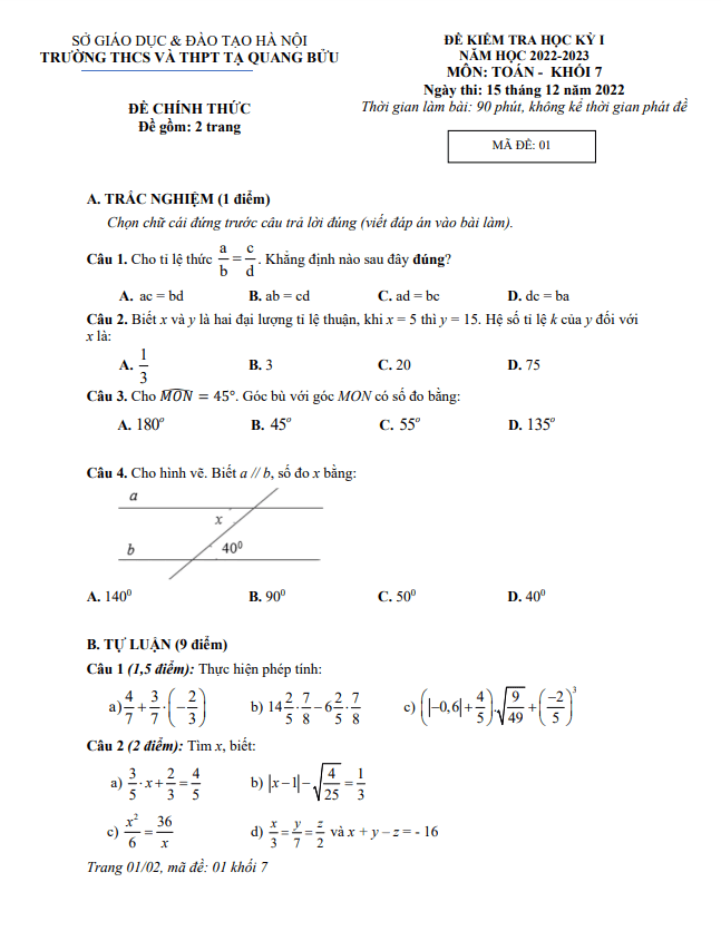 Đề học kỳ 1 Toán 7 năm 2022 – 2023 trường Tạ Quang Bửu – Hà Nội