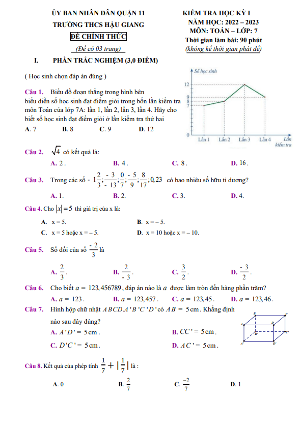 Đề học kỳ 1 Toán 7 năm 2022 – 2023 trường THCS Hậu Giang – TP HCM