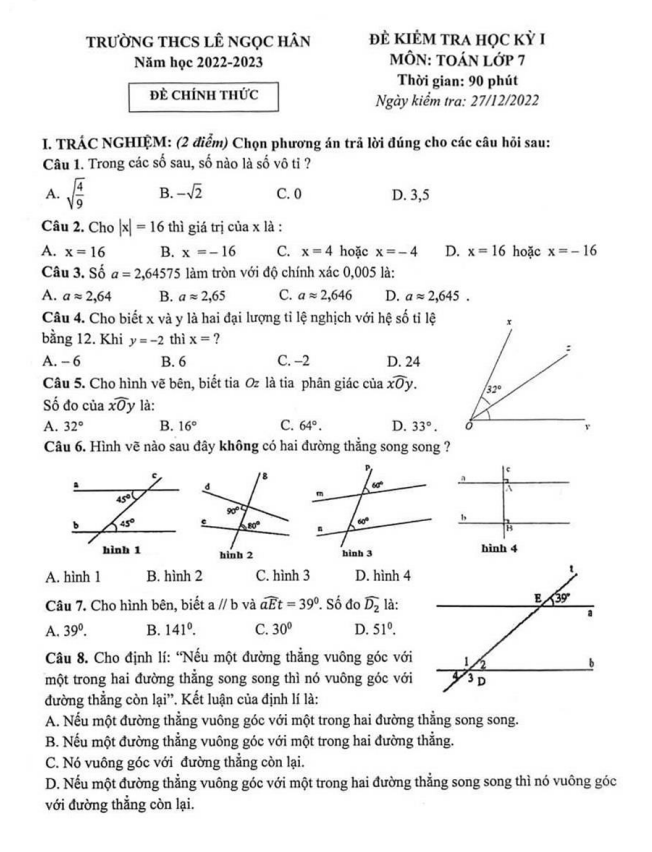 Đề học kỳ 1 Toán 7 năm 2022 – 2023 trường THCS Lê Ngọc Hân – Hà Nội