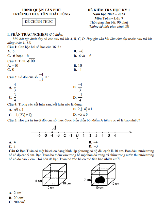 Đề học kỳ 1 Toán 7 năm 2022 – 2023 trường THCS Tôn Thất Tùng – TP HCM