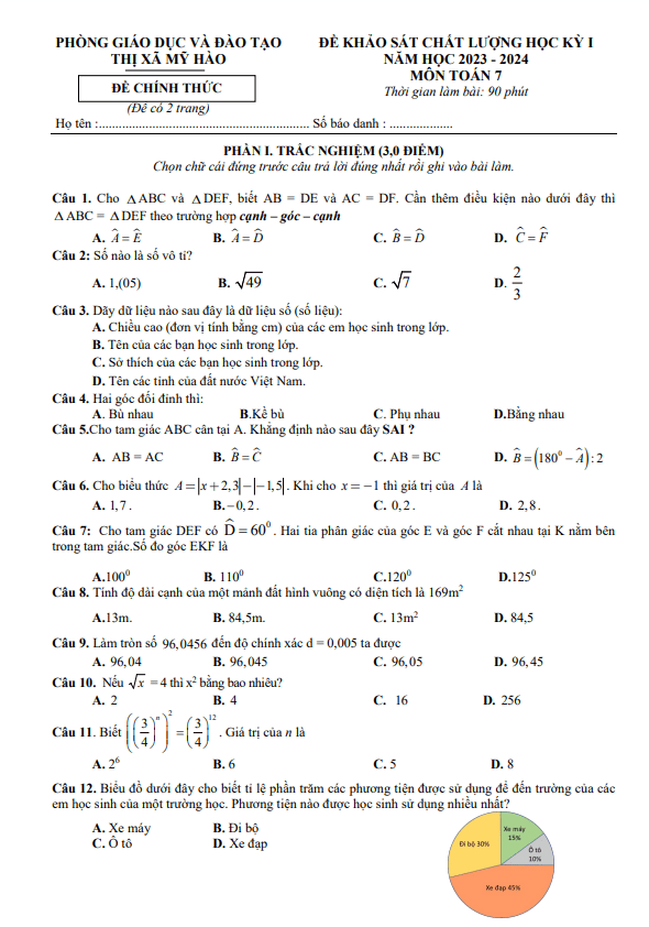 Đề học kỳ 1 Toán 7 năm 2023 – 2024 phòng GD&ĐT Mỹ Hào – Hưng Yên