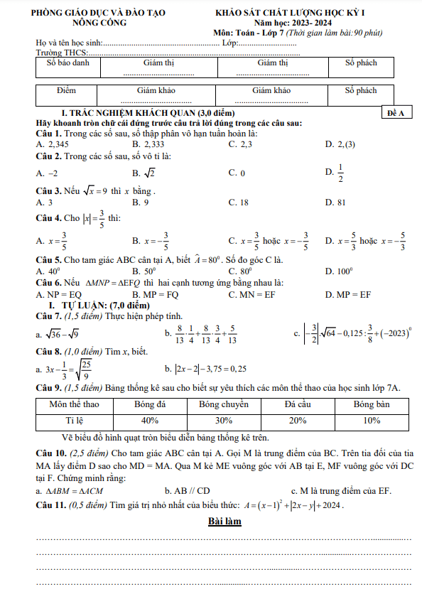 Đề học kỳ 1 Toán 7 năm 2023 – 2024 phòng GD&ĐT Nông Cống – Thanh Hóa