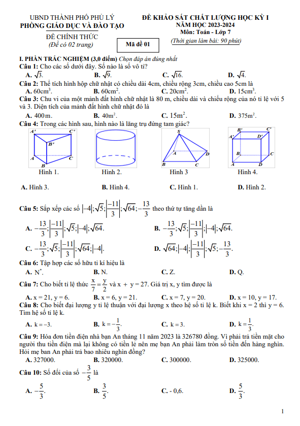 Đề học kỳ 1 Toán 7 năm 2023 – 2024 phòng GD&ĐT Phủ Lý – Hà Nam