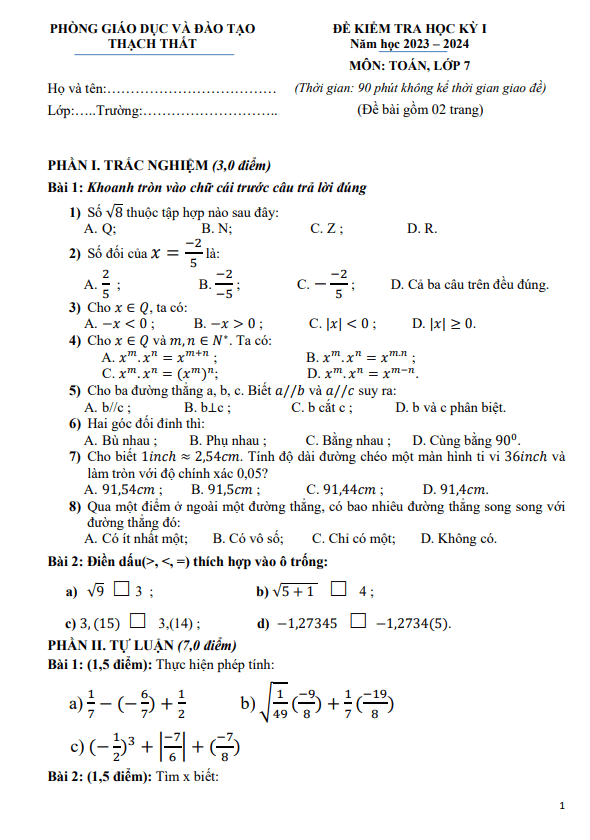 Đề học kỳ 1 Toán 7 năm 2023 – 2024 phòng GD&ĐT Thạch Thất – Hà Nội