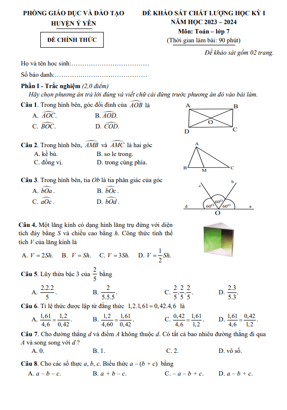 Đề học kỳ 1 Toán 7 năm 2023 – 2024 phòng GD&ĐT Ý Yên – Nam Định