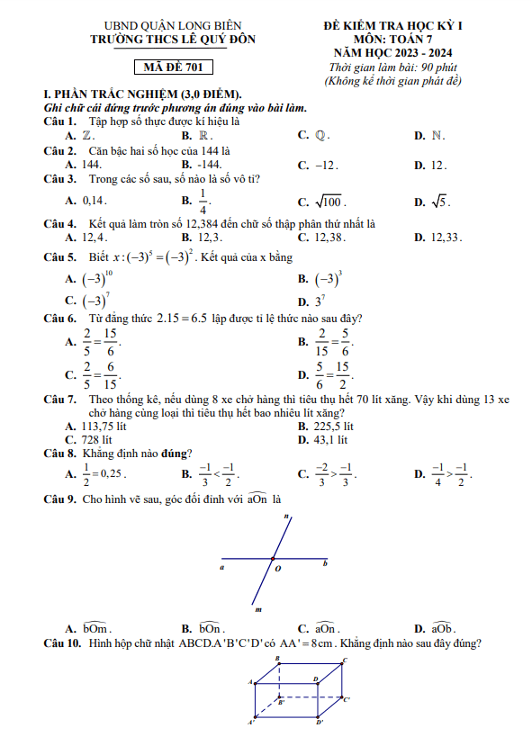Đề học kỳ 1 Toán 7 năm 2023 – 2024 trường THCS Lê Quý Đôn – Hà Nội