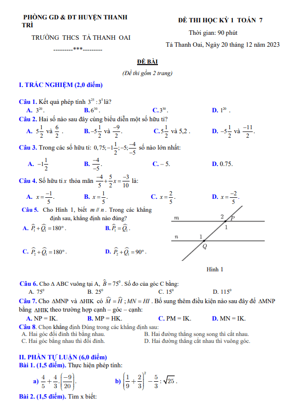 Đề học kỳ 1 Toán 7 năm 2023 – 2024 trường THCS Tả Thanh Oai – Hà Nội