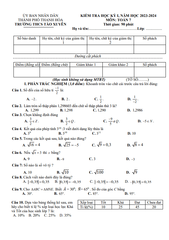 Đề học kỳ 1 Toán 7 năm 2023 – 2024 trường THCS Tào Xuyên – Thanh Hóa