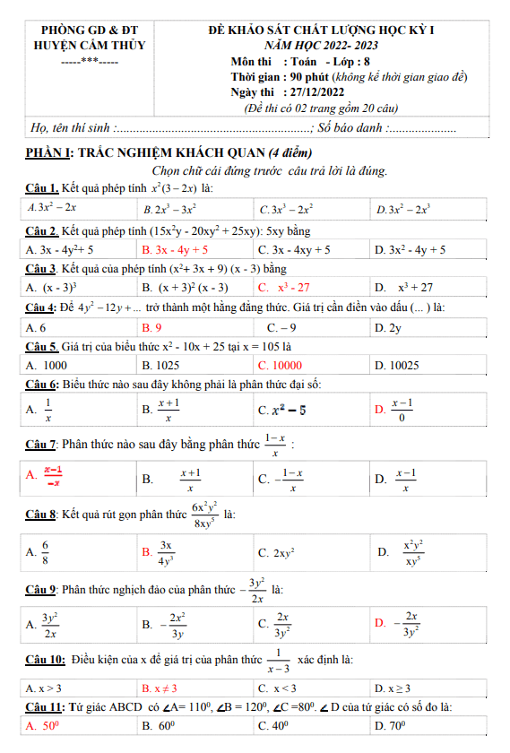 Đề học kỳ 1 Toán 8 năm 2022 – 2023 phòng GD&ĐT Cẩm Thủy – Thanh Hoá