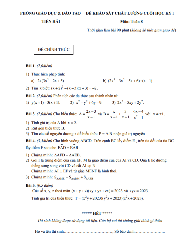 Đề học kỳ 1 Toán 8 năm 2022 – 2023 phòng GD&ĐT Tiền Hải – Thái Bình