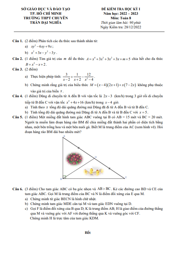Đề học kỳ 1 Toán 8 năm 2022 – 2023 trường chuyên Trần Đại Nghĩa – TP HCM