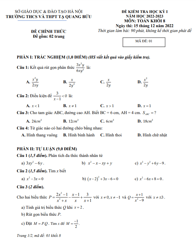 Đề học kỳ 1 Toán 8 năm 2022 – 2023 trường Tạ Quang Bửu – Hà Nội