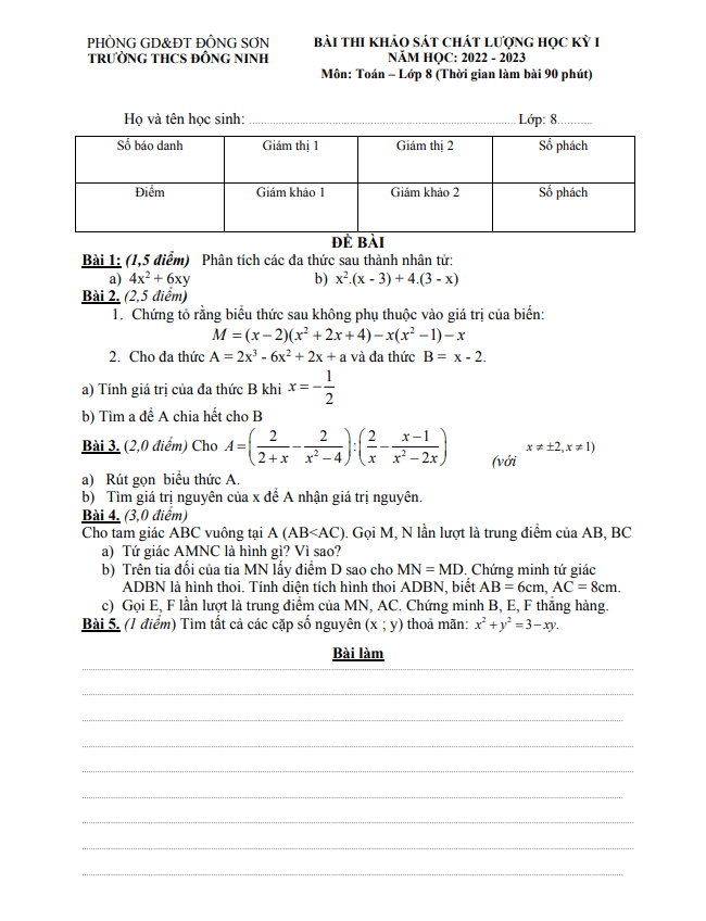 Đề học kỳ 1 Toán 8 năm 2022 – 2023 trường THCS Đông Ninh – Thanh Hóa