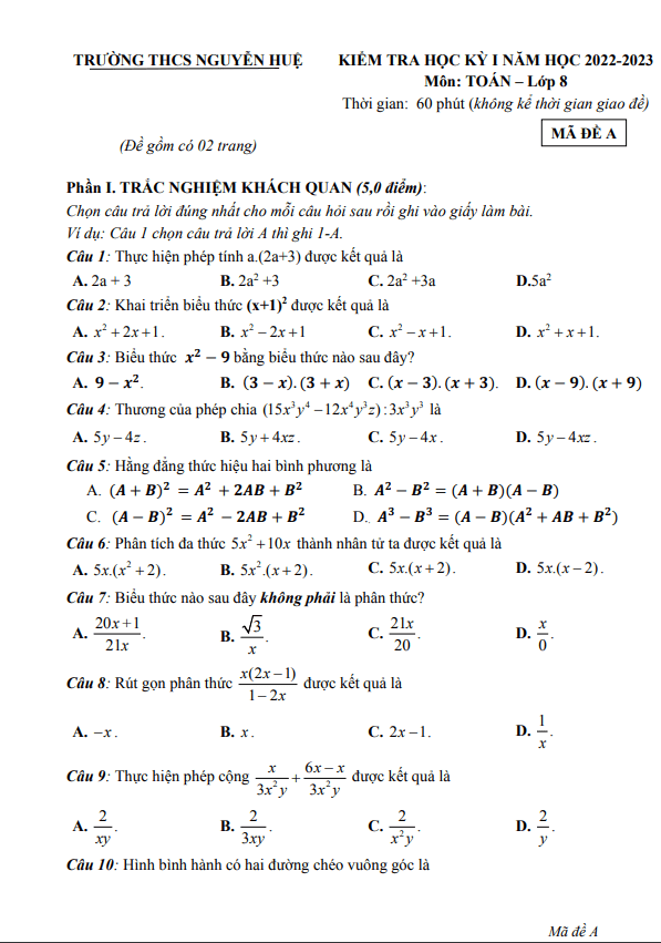 Đề học kỳ 1 Toán 8 năm 2022 – 2023 trường THCS Nguyễn Huệ – Quảng Nam