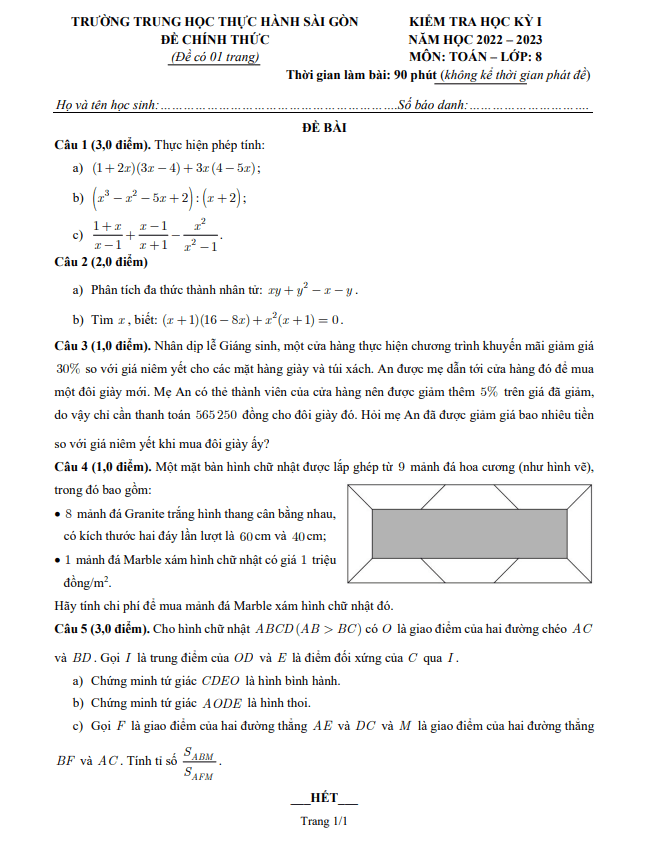 Đề học kỳ 1 Toán 8 năm 2022 – 2023 trường Thực hành Sài Gòn – TP HCM
