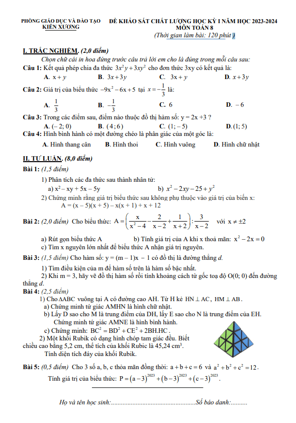 Đề học kỳ 1 Toán 8 năm 2023 – 2024 phòng GD&ĐT Kiến Xương – Thái Bình