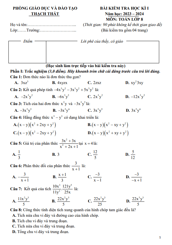 Đề học kỳ 1 Toán 8 năm 2023 – 2024 phòng GD&ĐT Thạch Thất – Hà Nội
