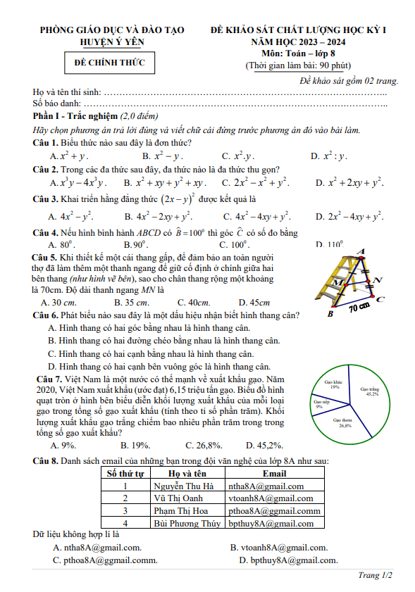 Đề học kỳ 1 Toán 8 năm 2023 – 2024 phòng GD&ĐT Ý Yên – Nam Định