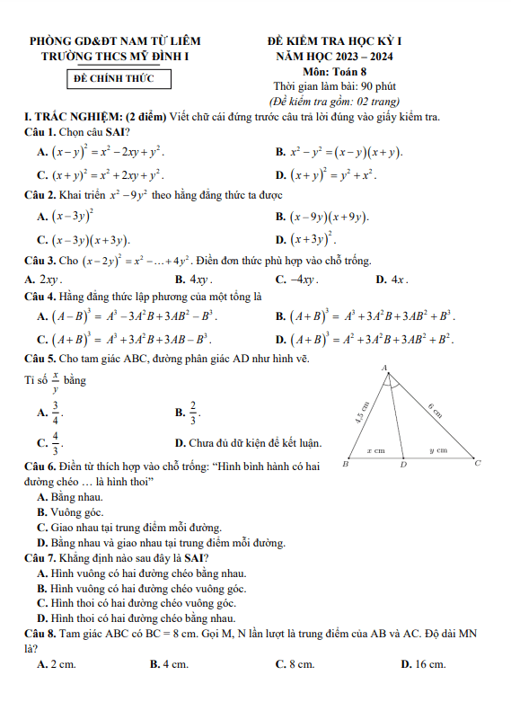 Đề học kỳ 1 Toán 8 năm 2023 – 2024 trường THCS Mỹ Đình 1 – Hà Nội
