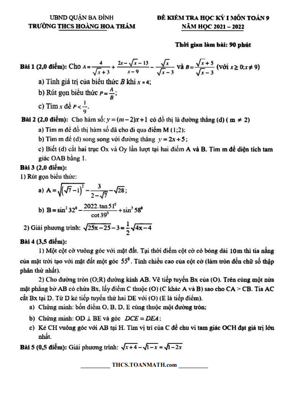 Đề học kỳ 1 Toán 9 năm 2021 – 2022 trường THCS Hoàng Hoa Thám – Hà Nội